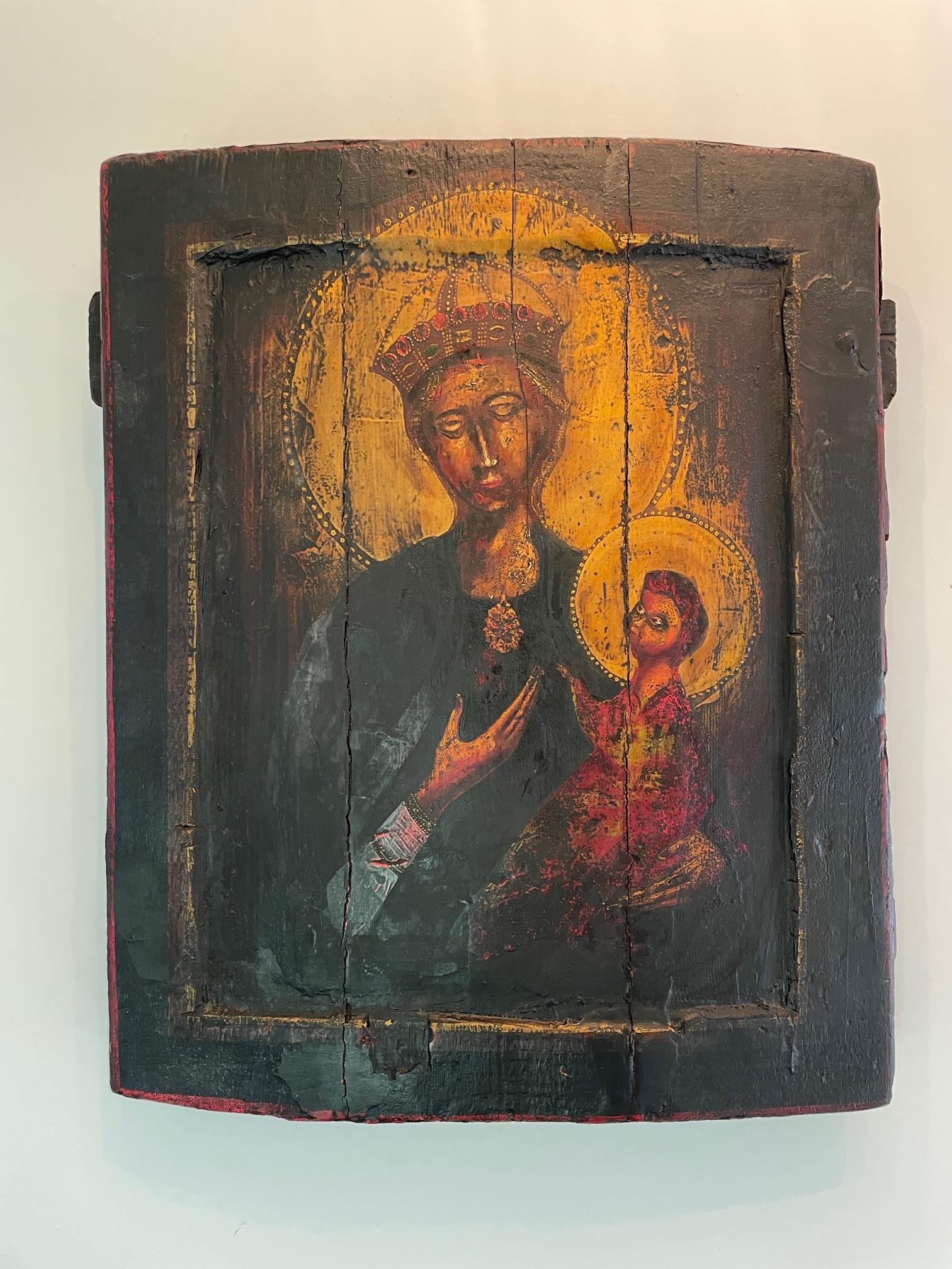 1900s Russian Religious Wooden Panel, Morther of God Icon, Russian Orthodox For Sale 2