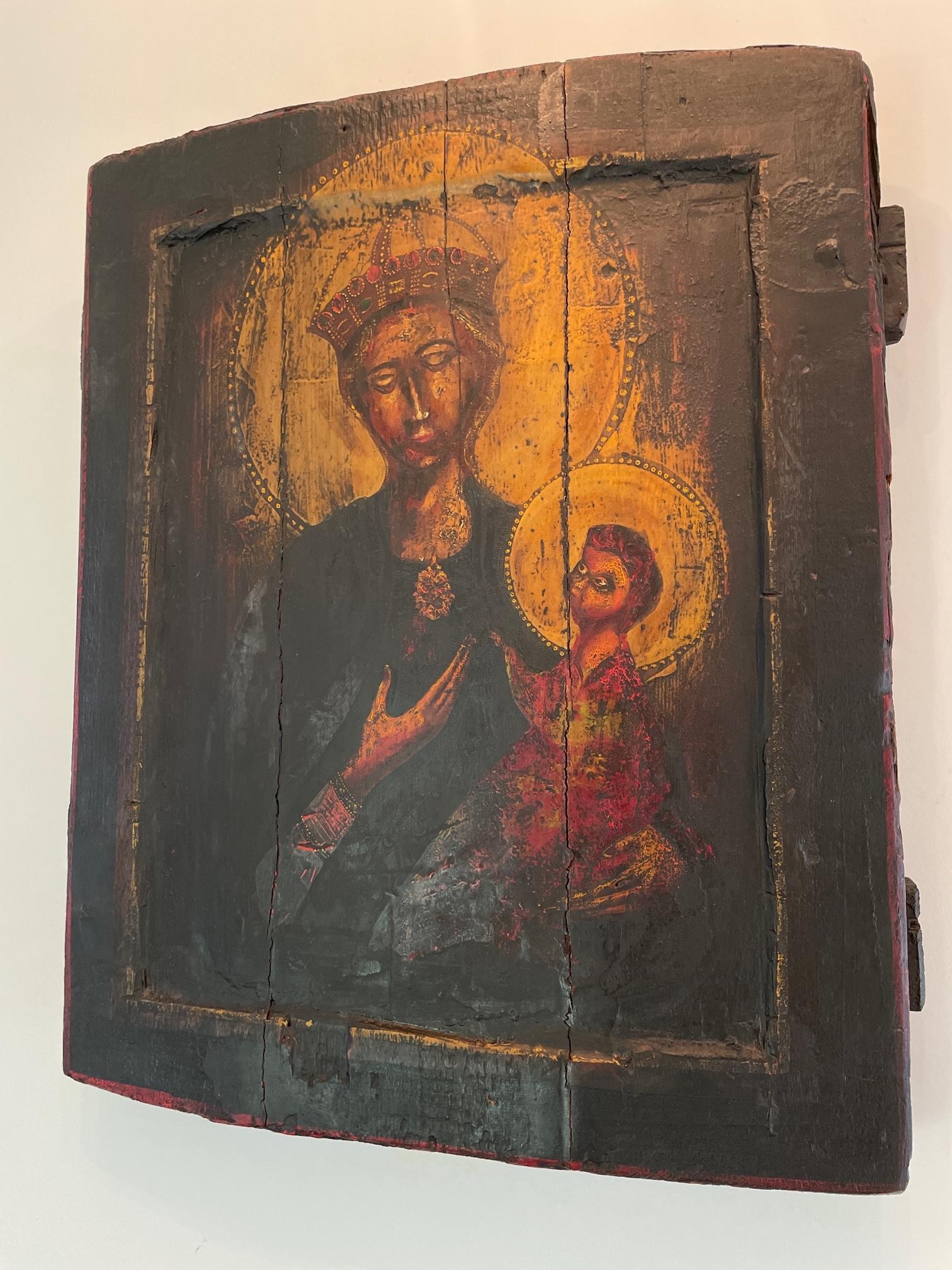 1900s Russian Religious Wooden Panel, Morther of God Icon, Russian Orthodox For Sale 3