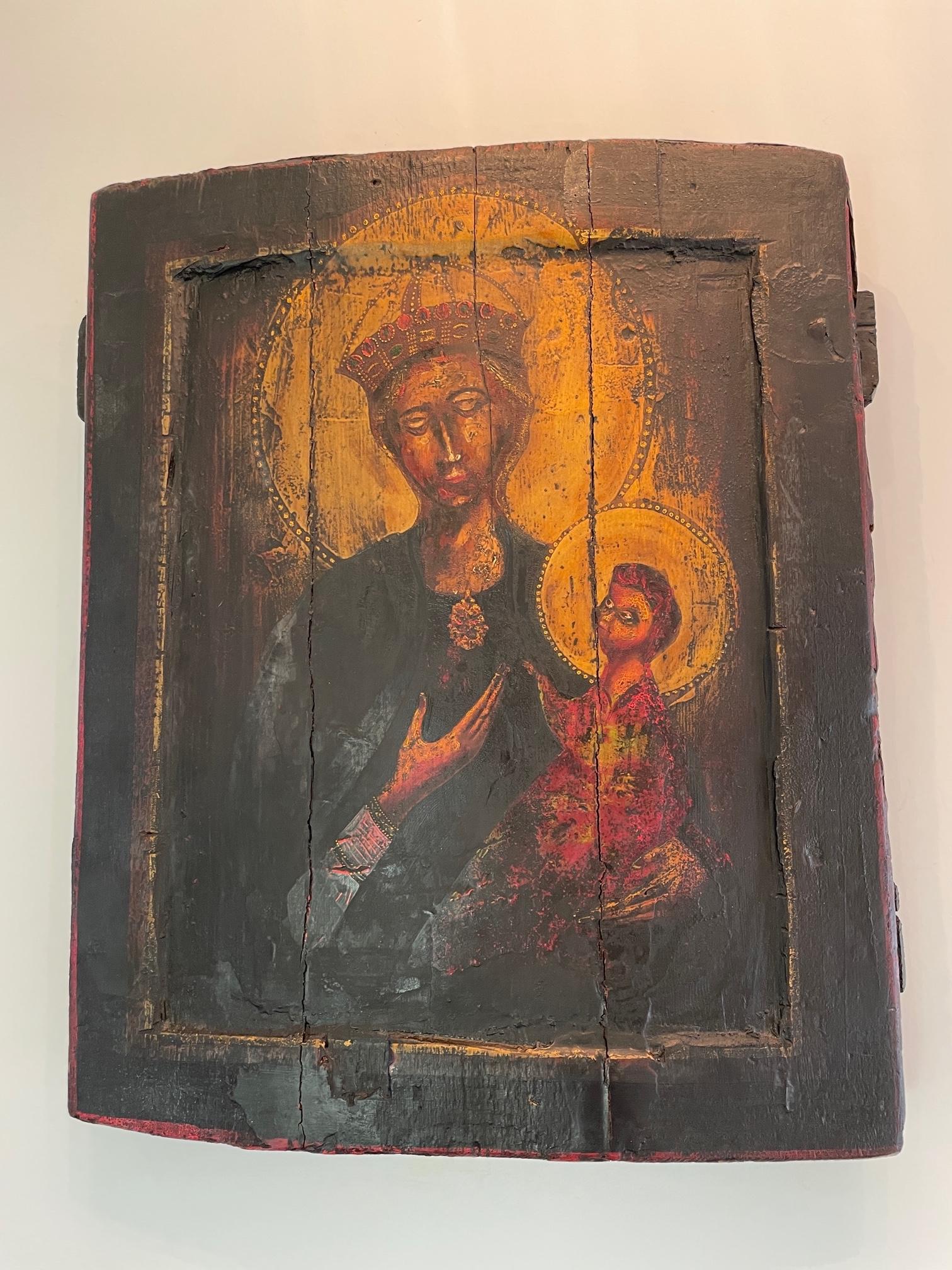 1900s Russian Religious Wooden Panel, Morther of God Icon, Russian Orthodox For Sale 4