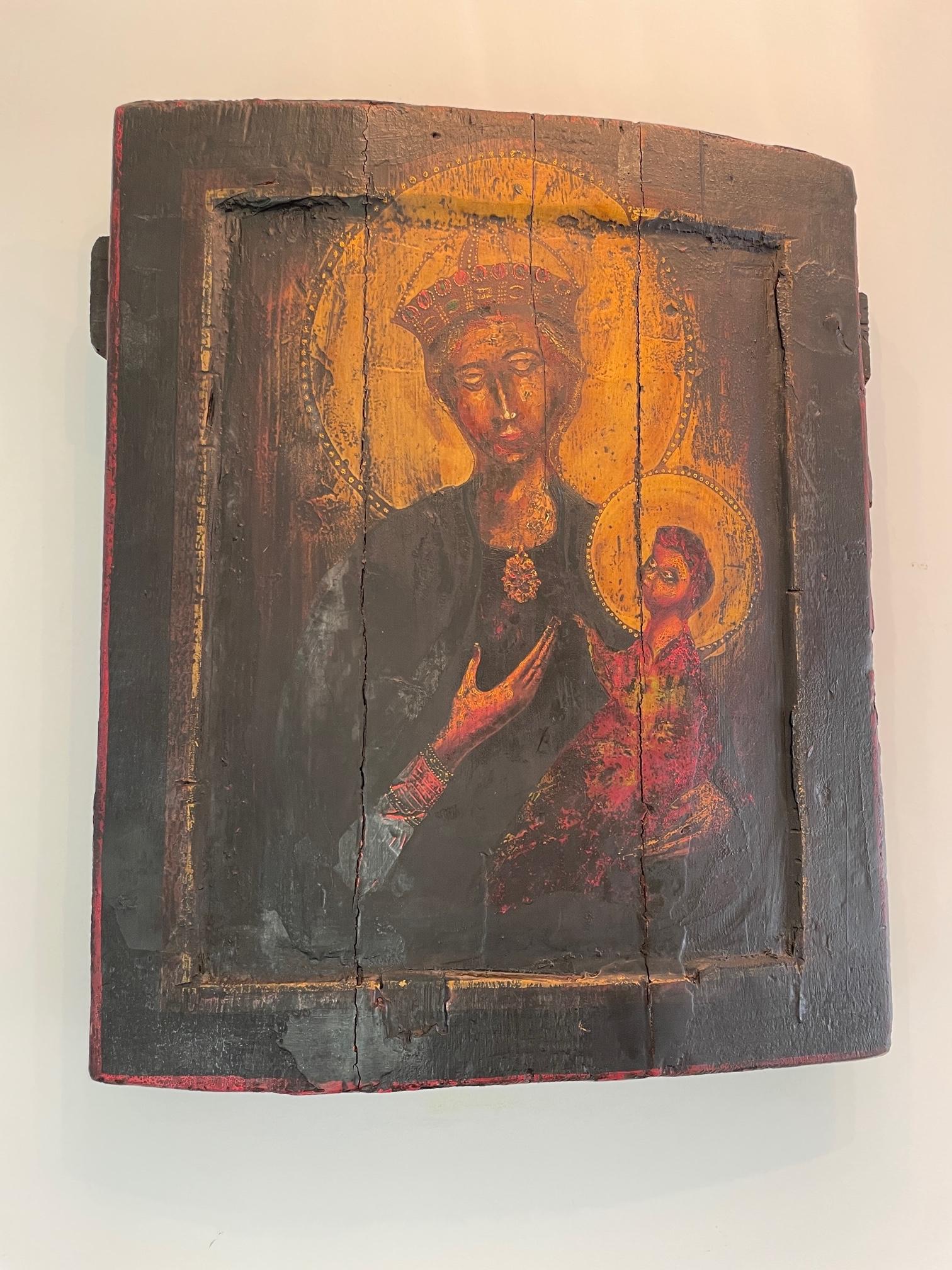 1900s Russian Religious Wooden Panel, Morther of God Icon, Russian Orthodox For Sale 5
