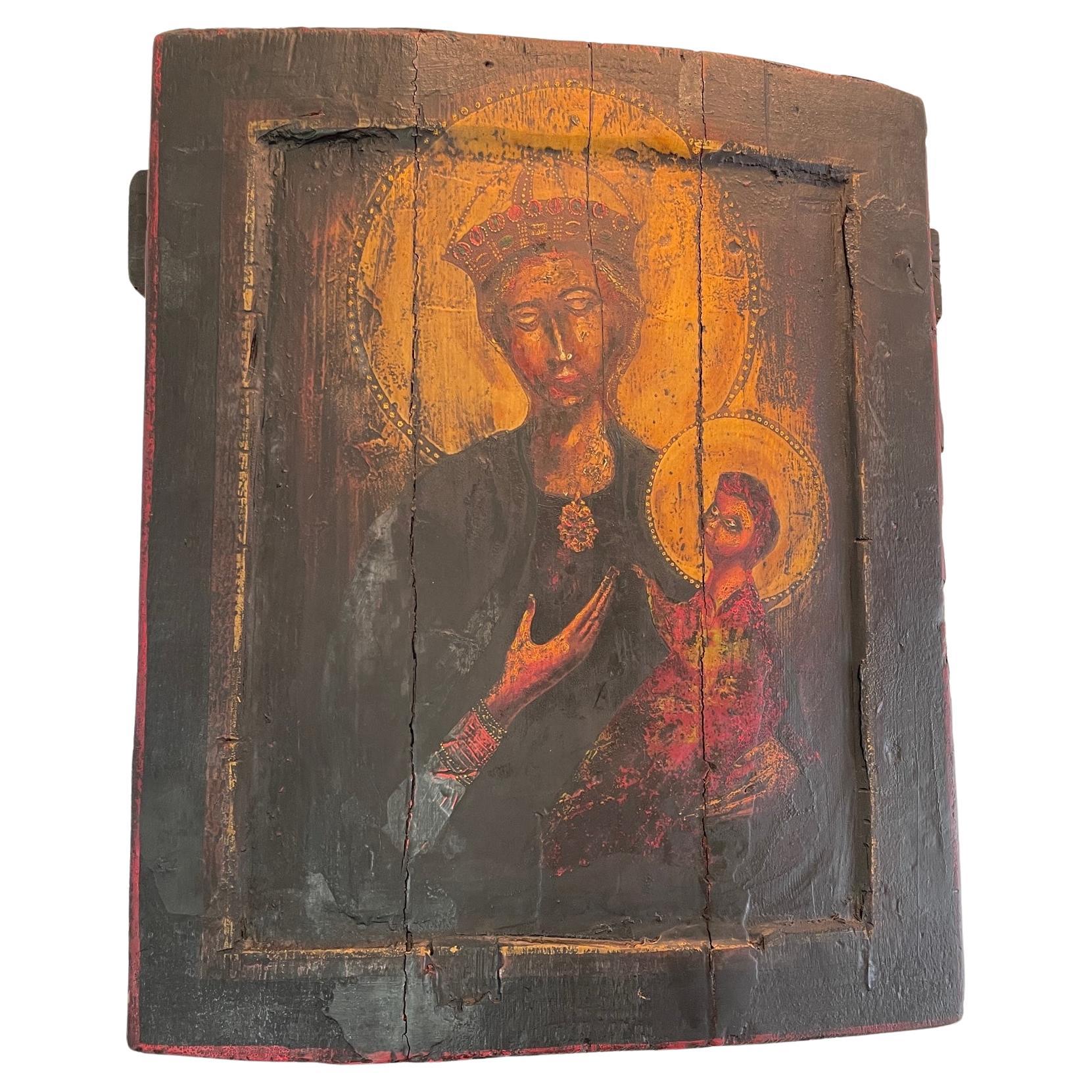 1900s Russian Religious Wooden Panel, Morther of God Icon, Russian Orthodox