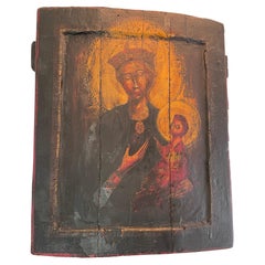 Used 1900s Russian Religious Wooden Panel, Morther of God Icon, Russian Orthodox