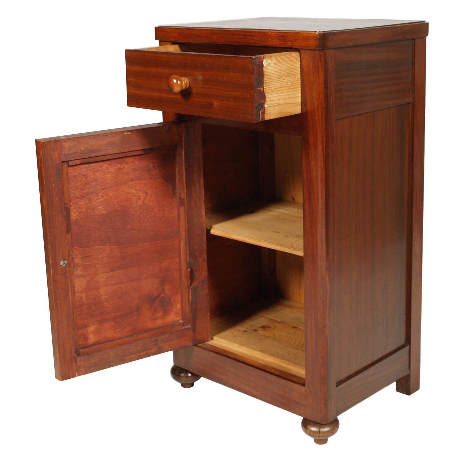 Italian 1900s Rustic Country Nightstand, Bedside Table, Walnut and Mahogany, Restored For Sale