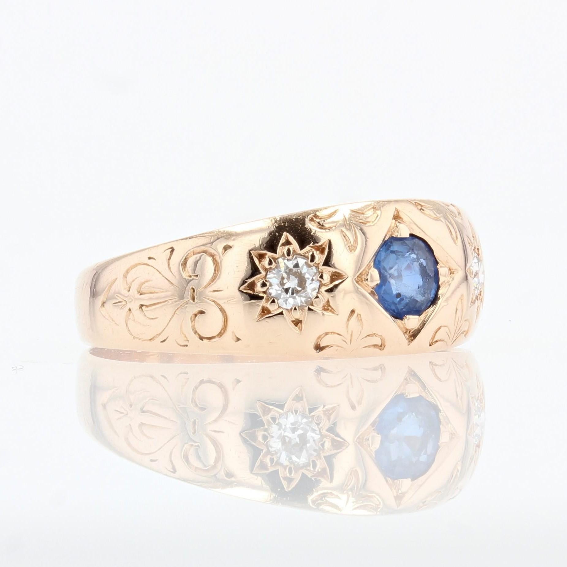 1900s Sapphire Diamond 14 Karat Rose Gold Bangle Ring In Good Condition For Sale In Poitiers, FR