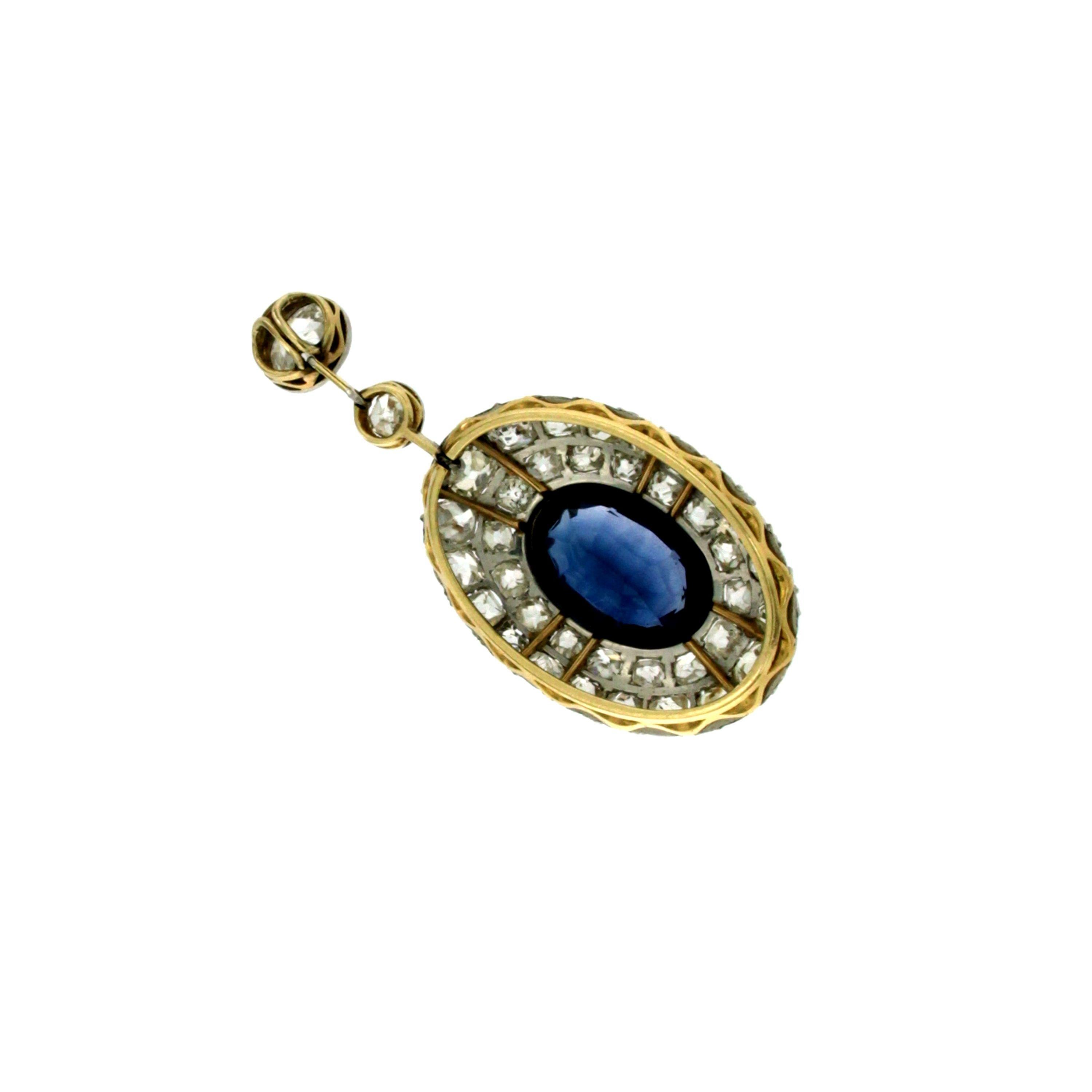 Old Mine Cut 1900s Sapphire Diamond 6 Carat Gold Pendant