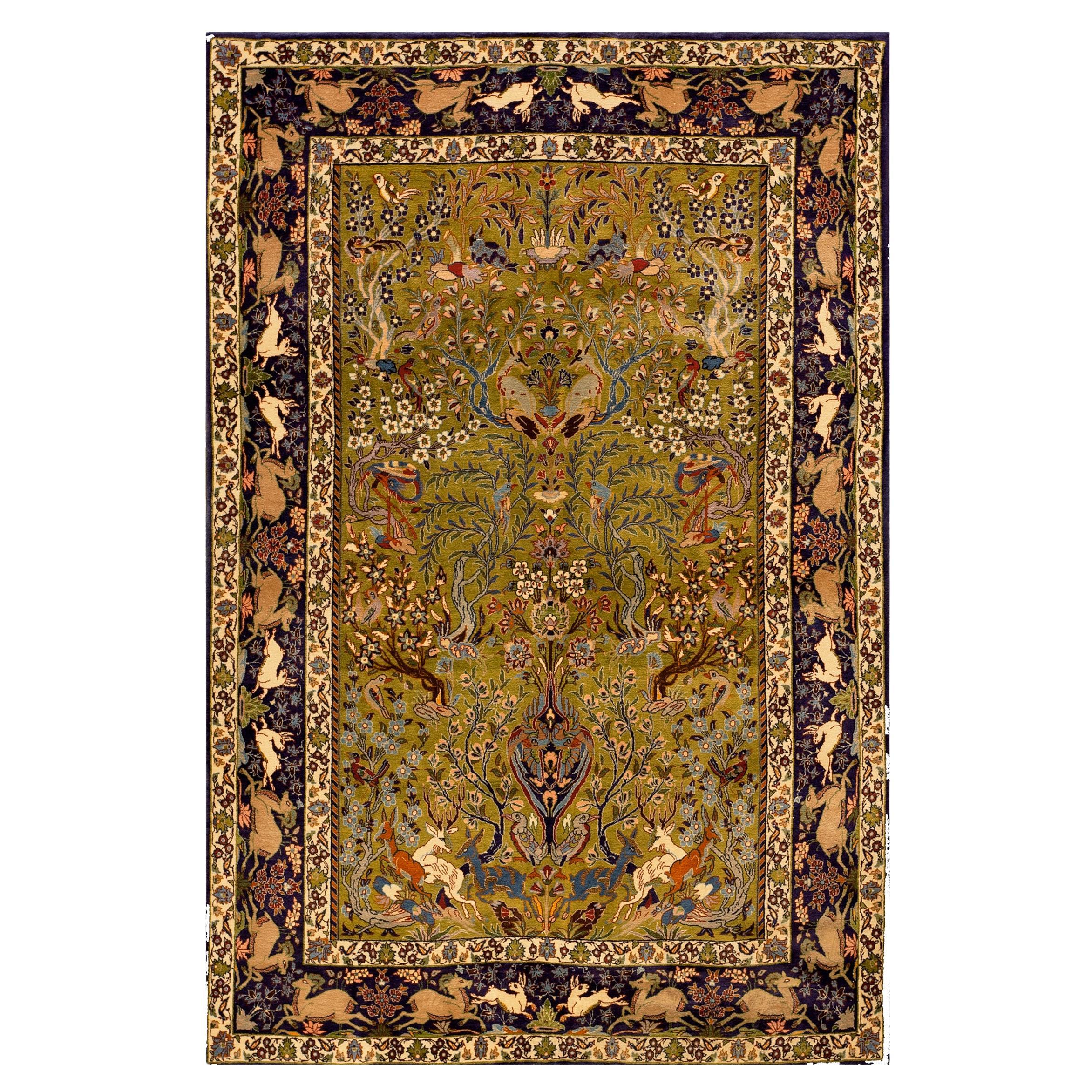1900s Scenic Floral Animal Green Antique Persian Isfahan Rug 3
6 "x5
4" Carpet im Angebot