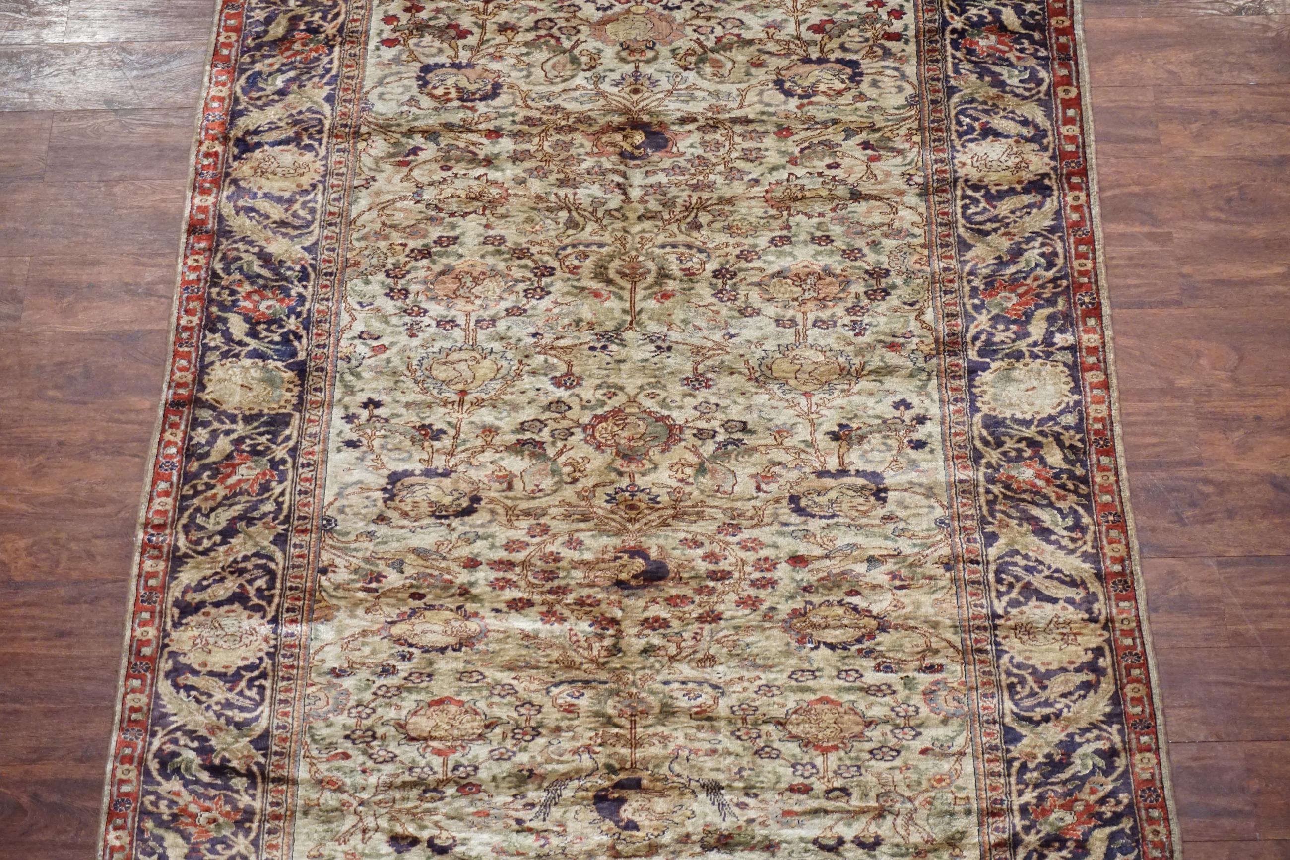 Hand-Knotted 1900s Sculpted Turkish Pure Silk Rug with Bird Design For Sale
