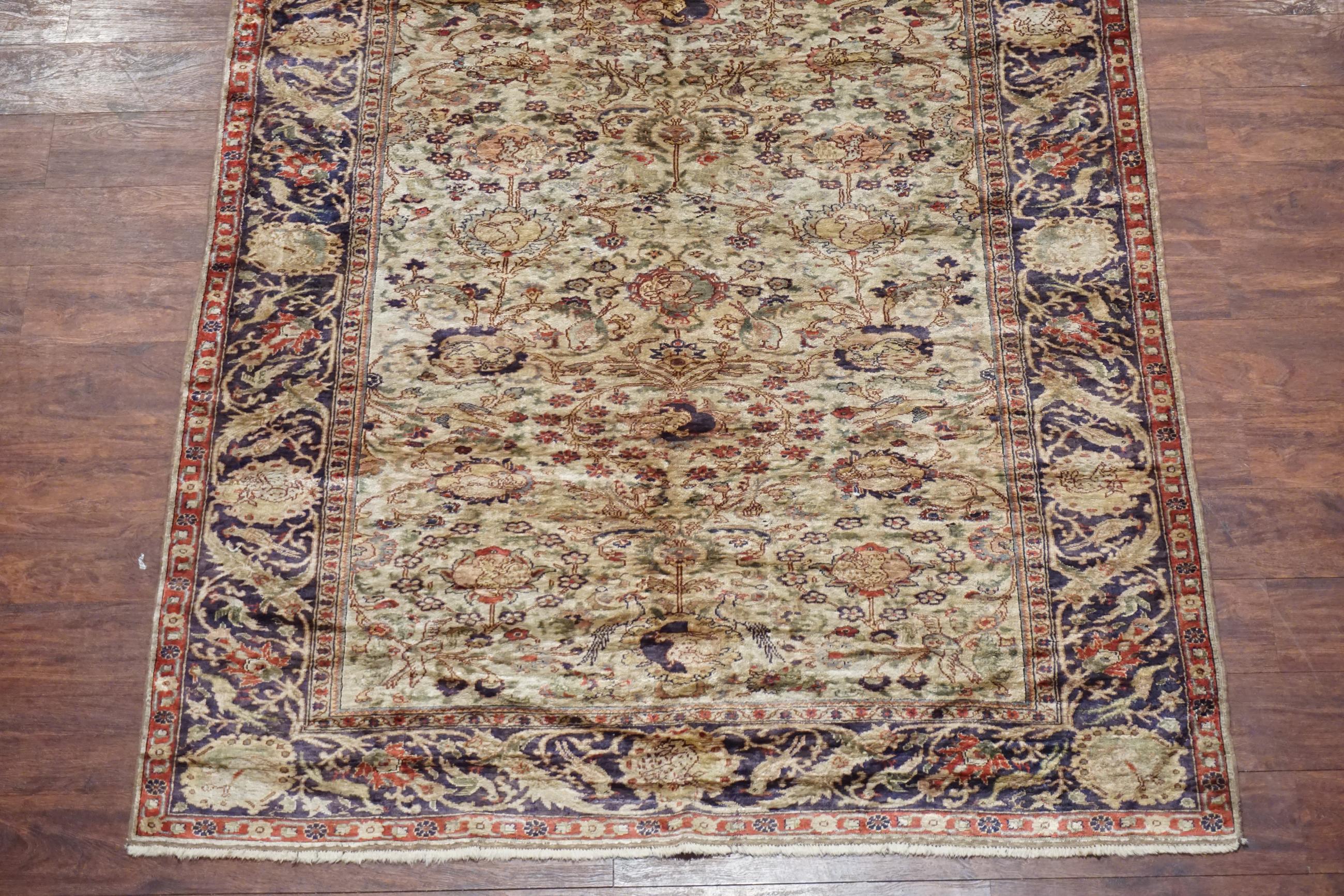 20th Century 1900s Sculpted Turkish Pure Silk Rug with Bird Design For Sale