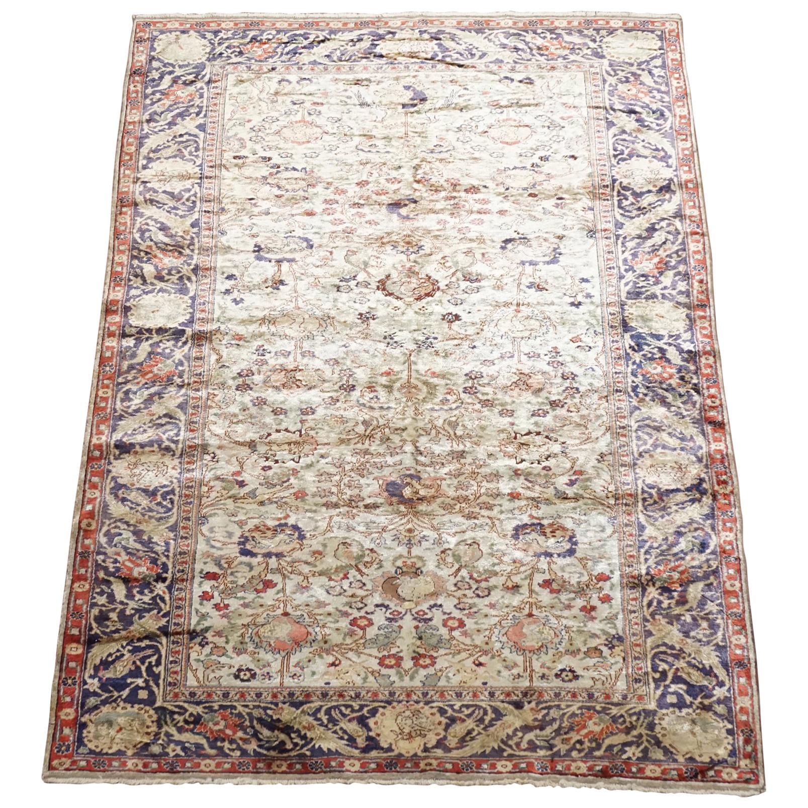 1900s Sculpted Turkish Pure Silk Rug with Bird Design For Sale