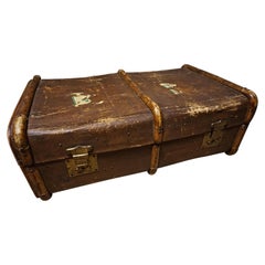 1900s Seasoned English Canvas Leather Wood Steamer Trunk with Brass Hardware