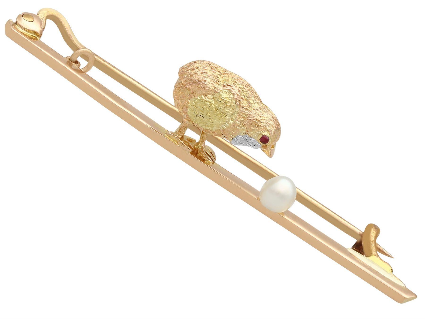 Barbrosche aus Gelbgold mit Saatperlen und Rubin, Chick und Eier, 1900er Jahre (Viktorianisch) im Angebot
