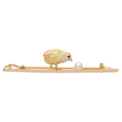 1900s Seed Pearl and Ruby Yellow Gold Chick and Egg Bar Brooch
