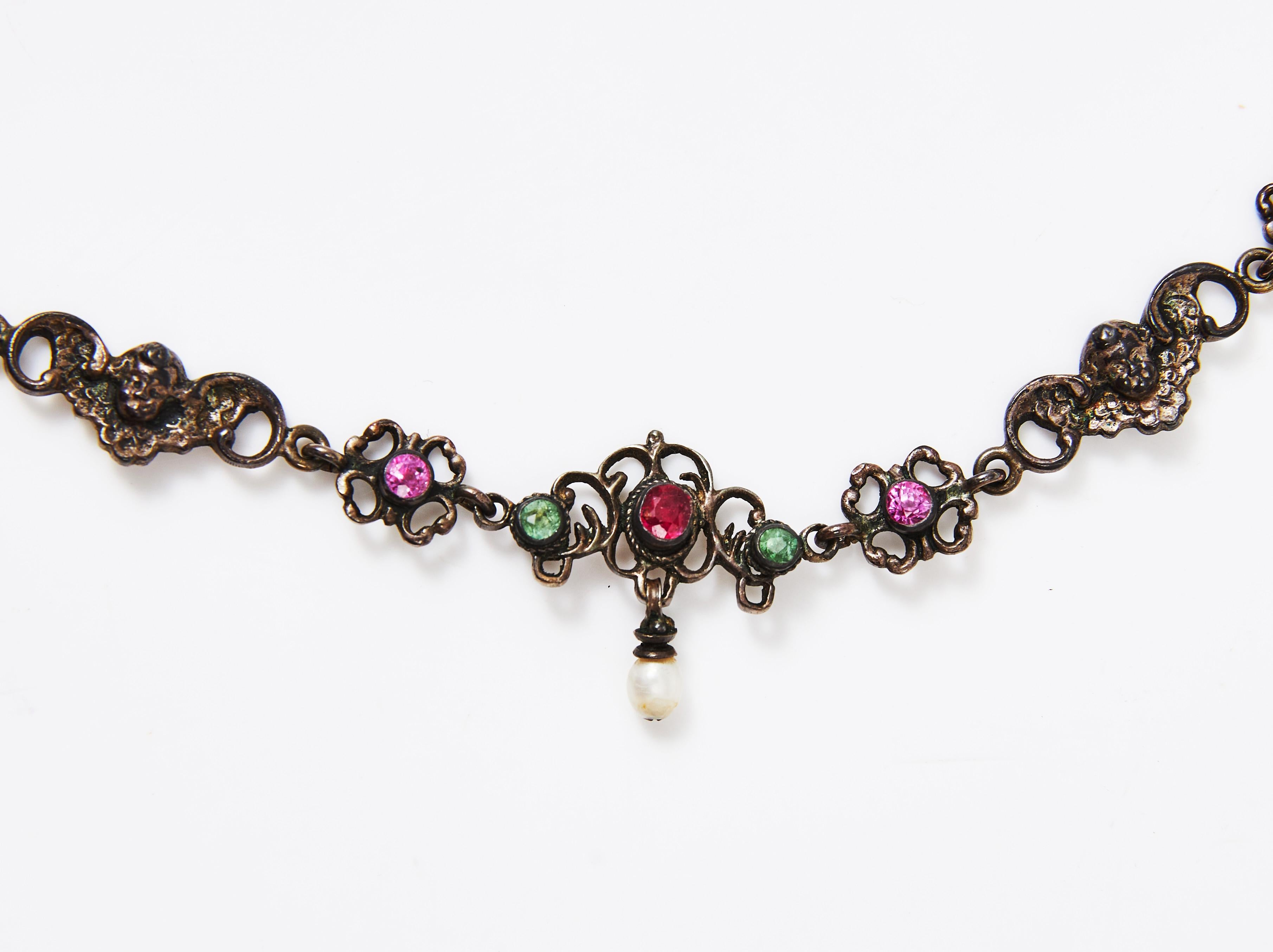 Set di collane del 1900 Ciondolo con rubino naturale da 2 carati e perla tormalina da 2 carati in argento dorato in vendita 1
