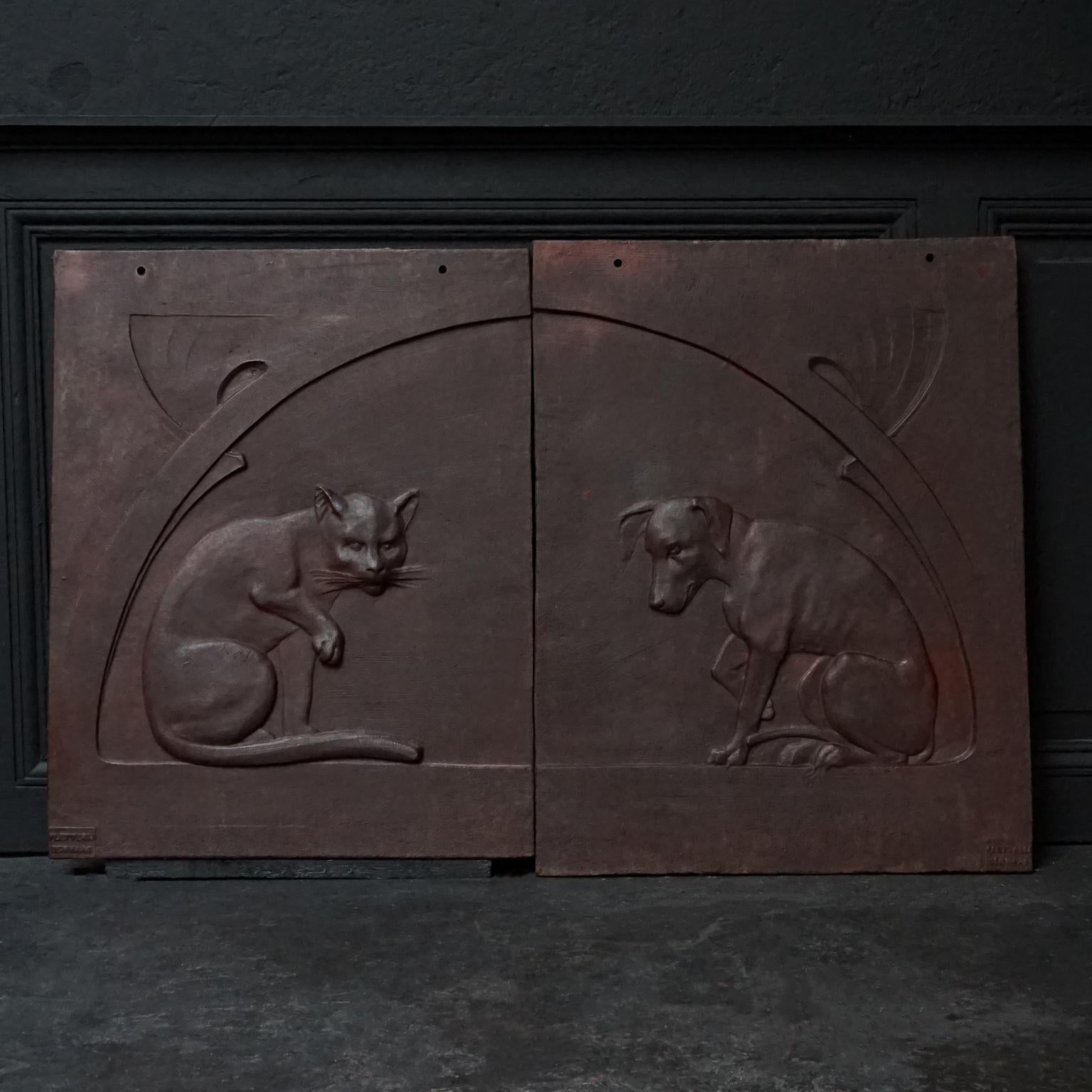 Wonderful large and heavy set of relief cast iron plaques from the Jugendstil era, made by 'Pletterij Den Haag' (ironworks The Hague)
Could be used as decorative wall panels, backsplash or firebacks but were most likely originally made as facade