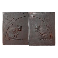 1900s Set of Cast Iron Jugendstil Dog and Cat Relief Fireback or Facade Plaques