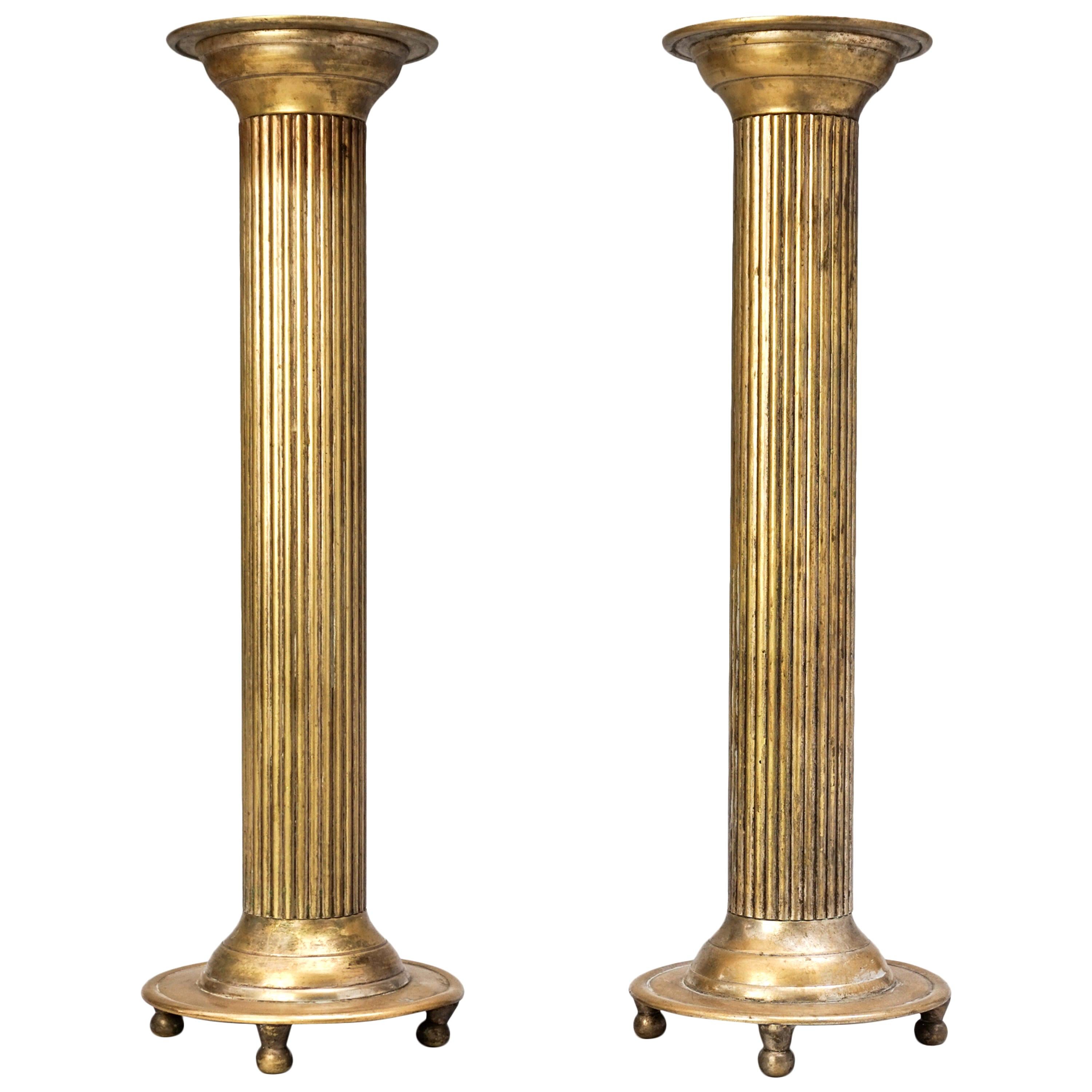 1900s Set of Large English Silver Plated Classical Church Column Candlesticks