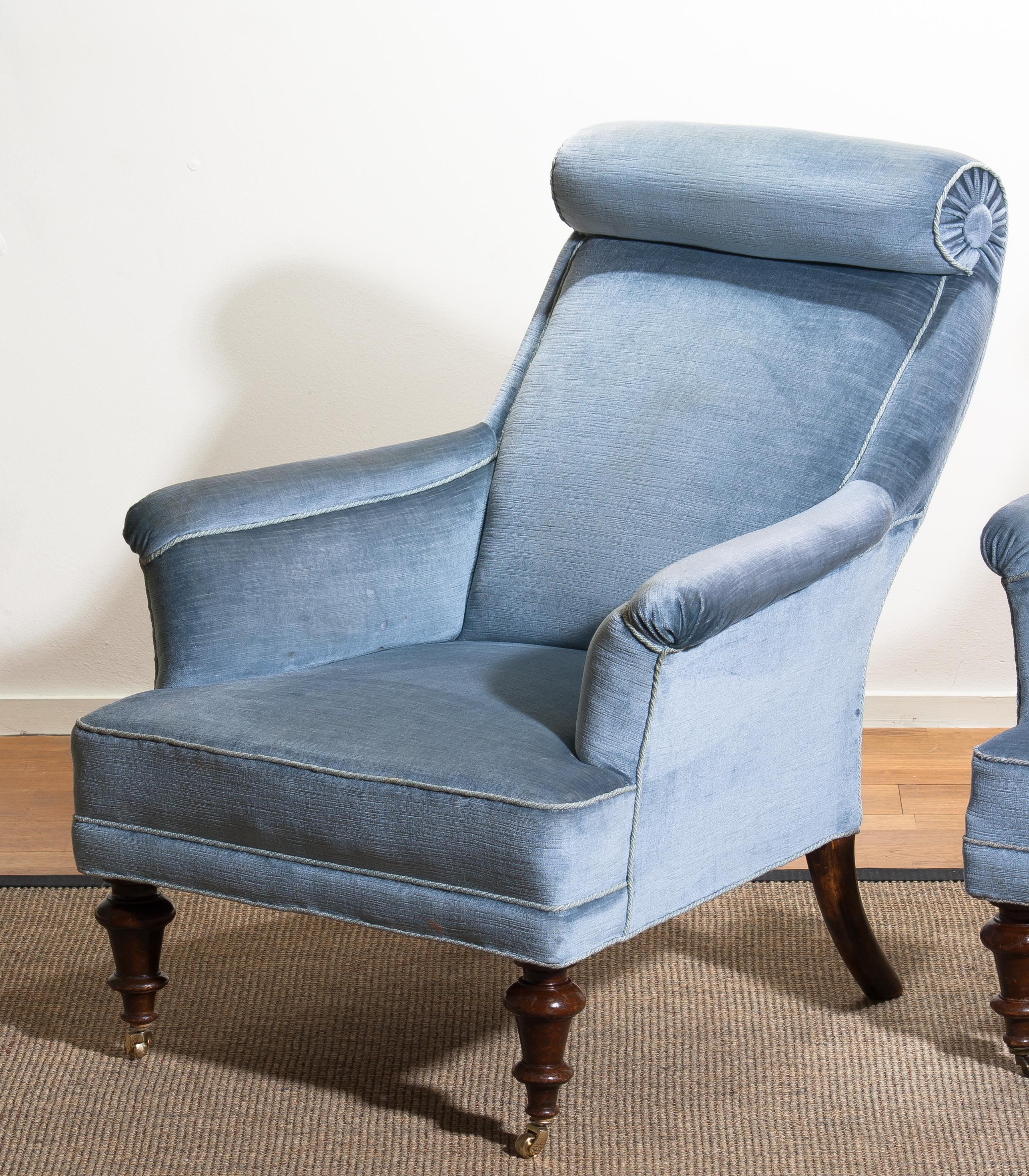 1900s Set of Two Ice Blue Velvet Dorothy Draper Style Bergère Club Lounge Chairs 5