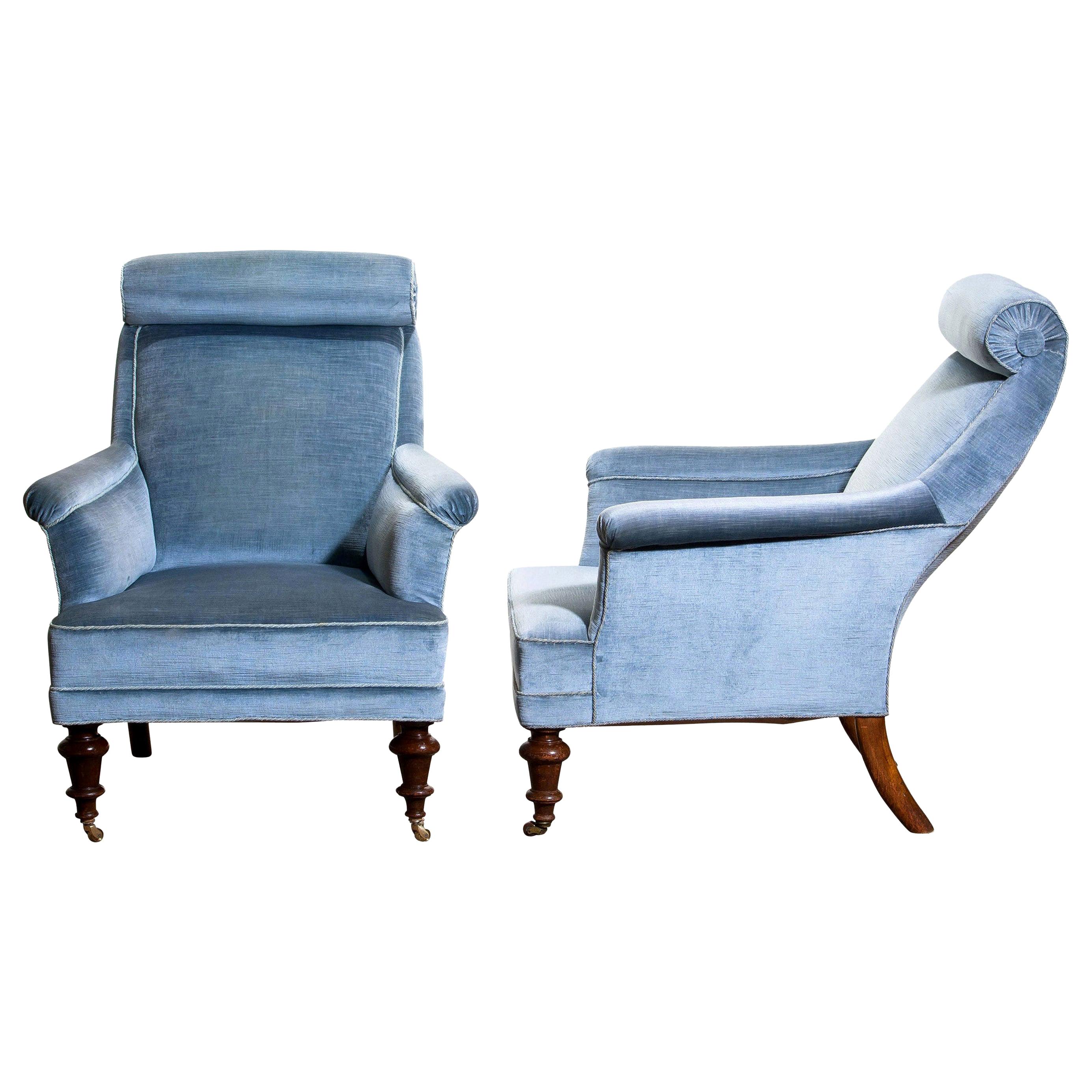 American Classical 1900s Set of Two Ice Blue Velvet Dorothy Draper Style Bergère Club Lounge Chairs