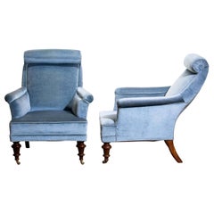 1900s Set of Two Ice Blue Velvet Dorothy Draper Style Bergère Club Lounge Chairs