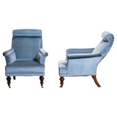 1900s Set of Two Ice Blue Velvet Dorothy Draper Style Bergère / Lounge Chairs