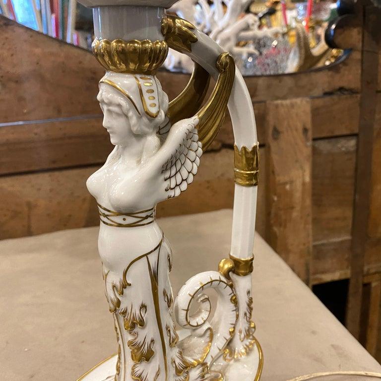 Early 20th Century 1900s Set of Two Neoclassical White and Gold Capodimonte Porcelain Table Lamps