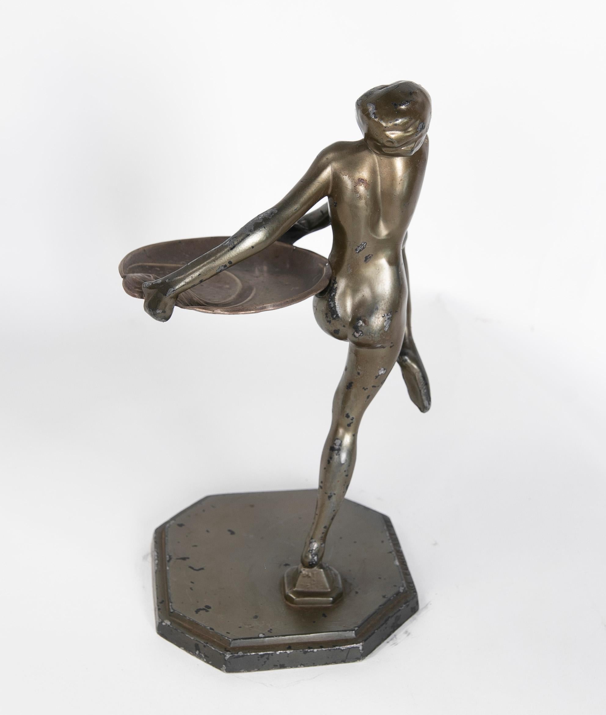 1900s Signed Art Deco Metal Sculpture of a Woman with a Silver Tray  For Sale 7