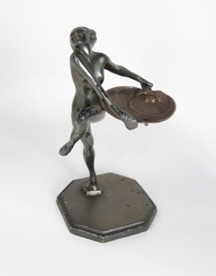 1900s Signed Art Deco Metal Sculpture of a Woman with a Silver Tray