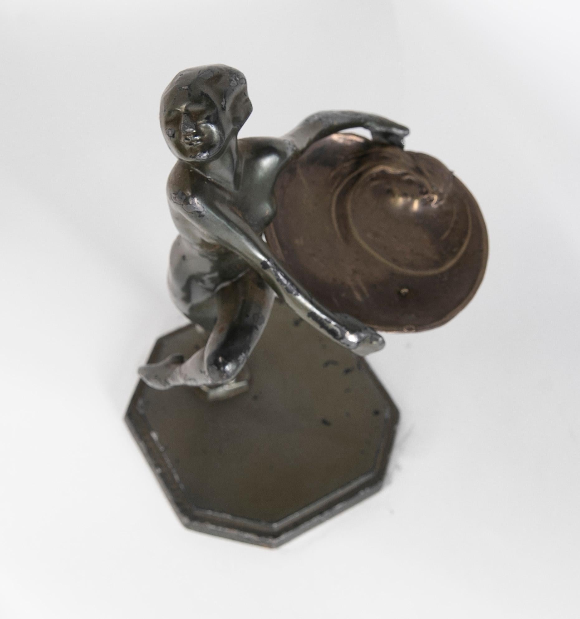 European 1900s Signed Art Deco Metal Sculpture of a Woman with a Silver Tray  For Sale