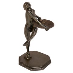1900s Signed Art Deco Metal Sculpture of a Woman with a Silver Tray 