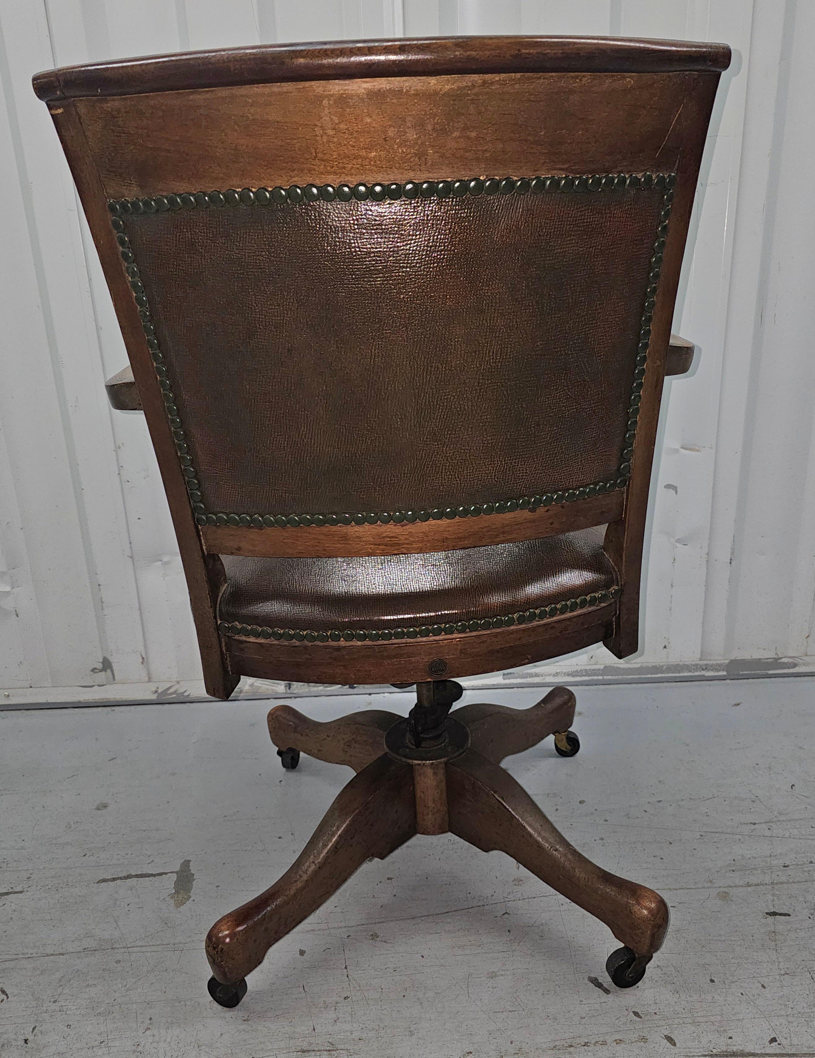 Edwardian 1900s Sikes Furniture Walnut & Leather Upholstered Desk Chair For Sale