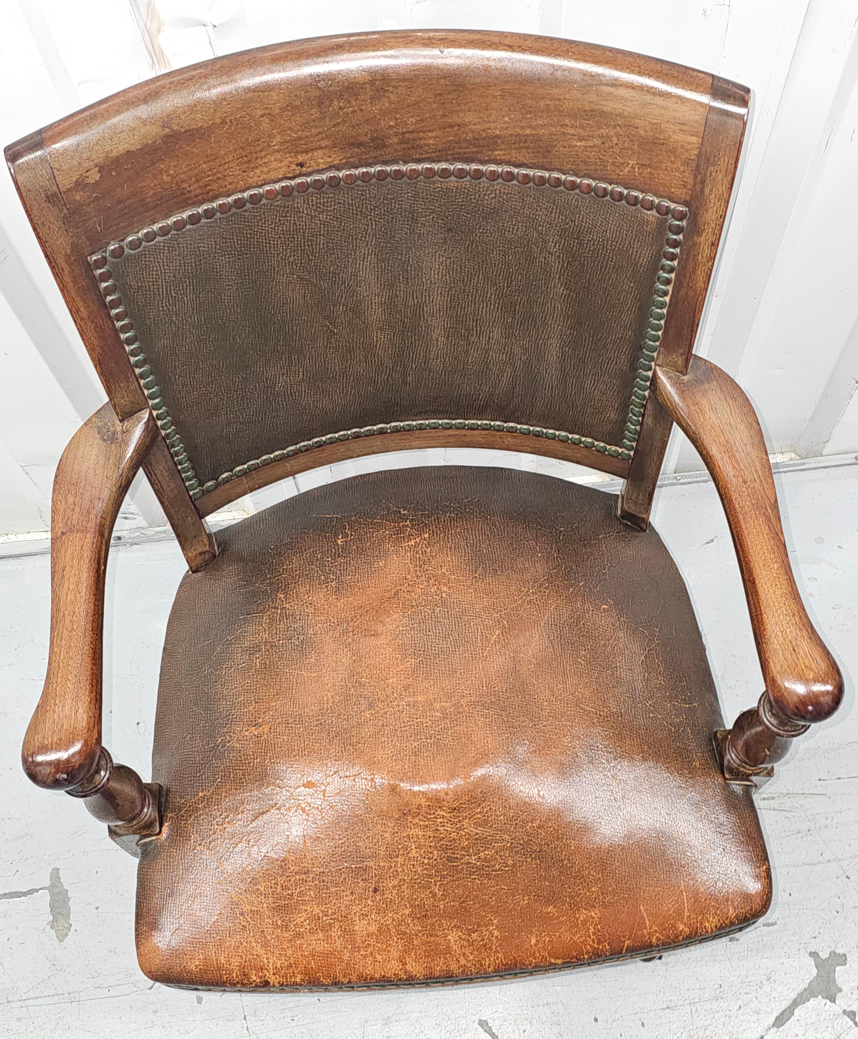 Stained 1900s Sikes Furniture Walnut & Leather Upholstered Desk Chair For Sale