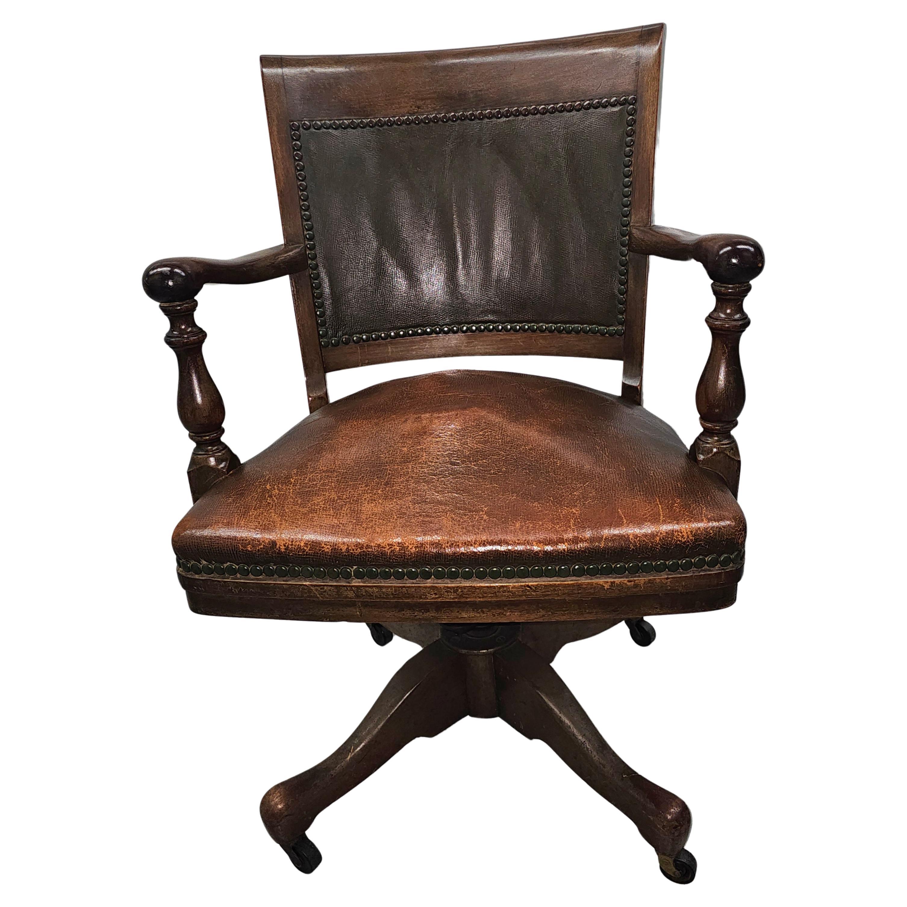 1900s Sikes Furniture Walnut & Leather Upholstered Desk Chair For Sale