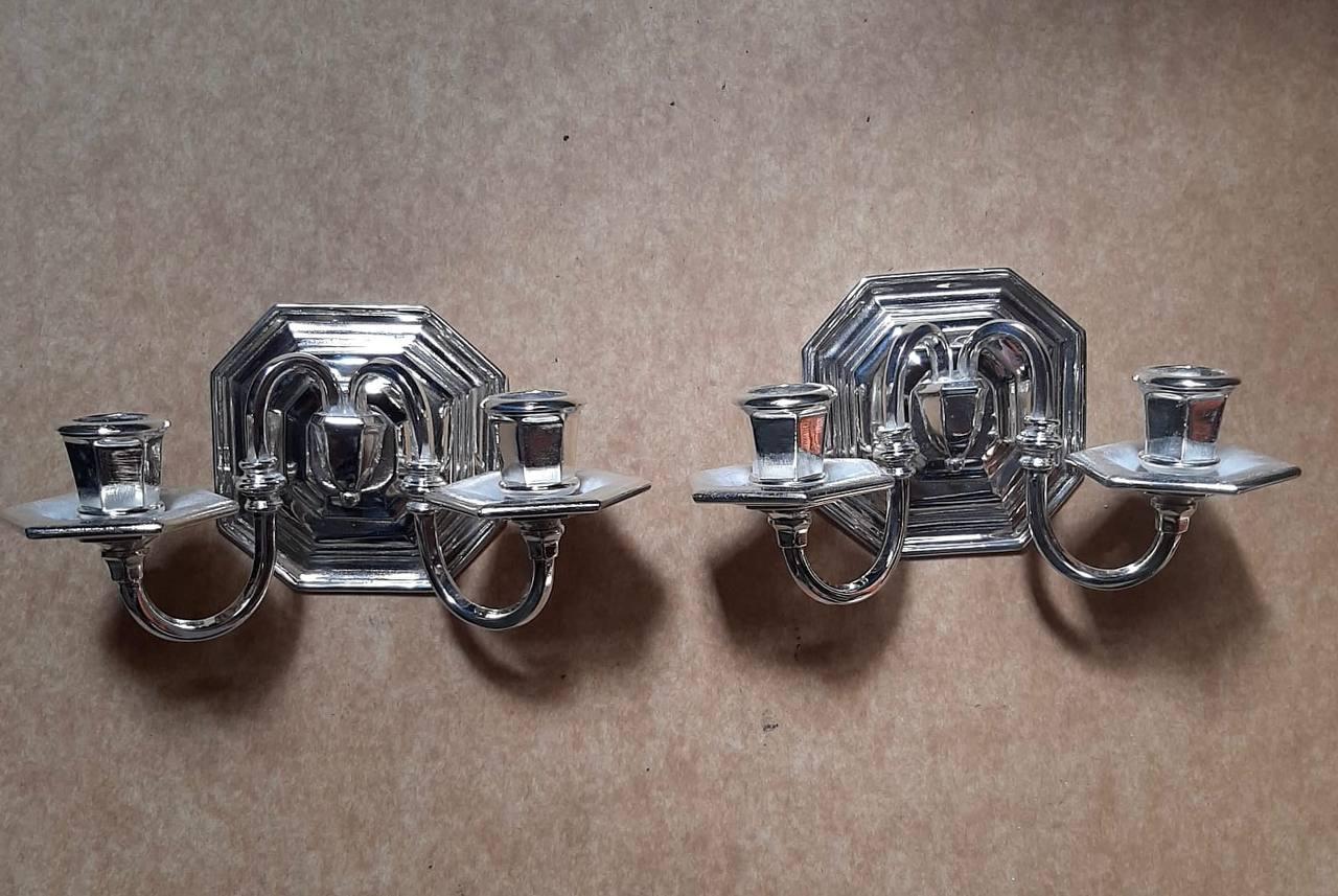 American 1900's Small Caldwell Silver Plated 2 Light Sconces For Sale