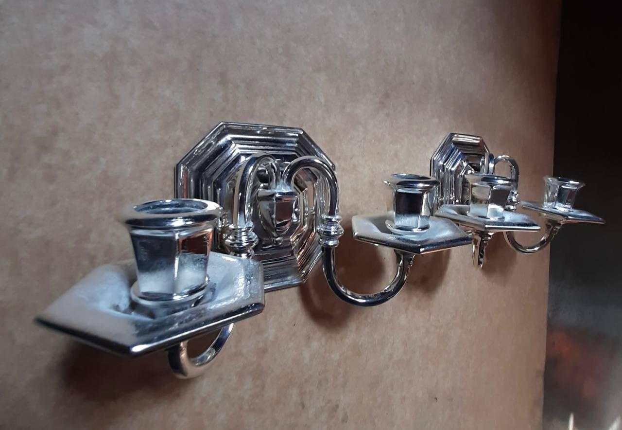 1900's Small Caldwell Silver Plated 2 Light Sconces In Good Condition For Sale In New York, NY