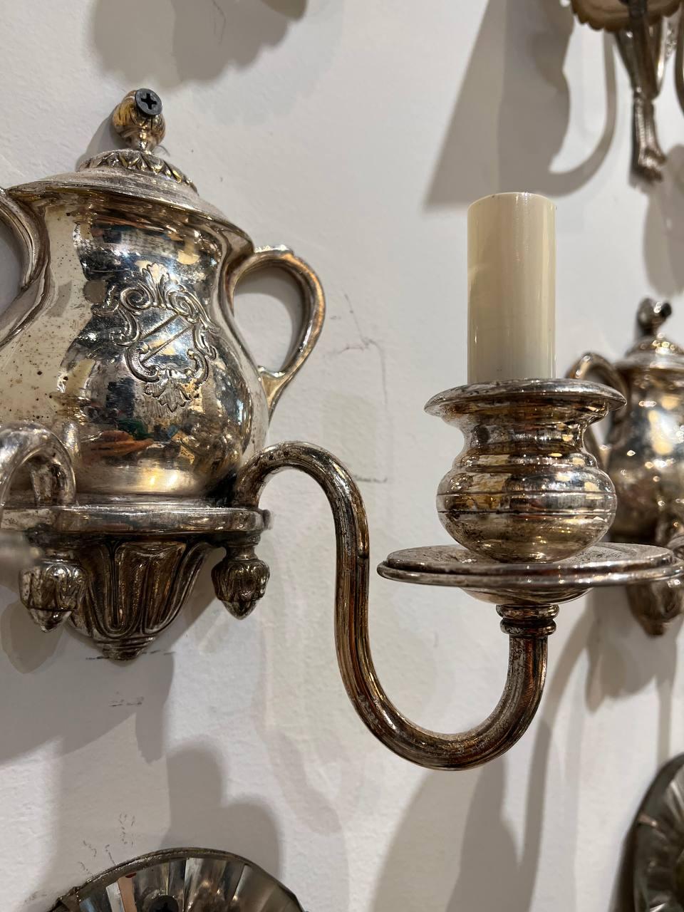 American 1900s Small Silver Plated Sconces with two lights For Sale
