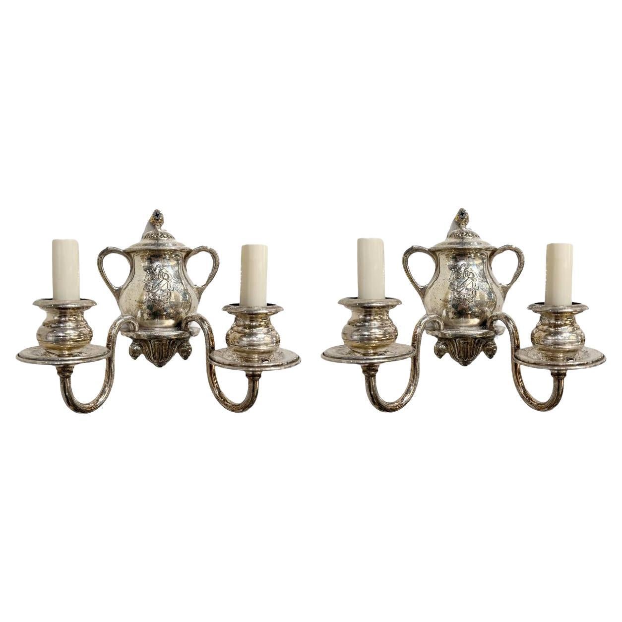 1900s Small Silver Plated Sconces with two lights For Sale