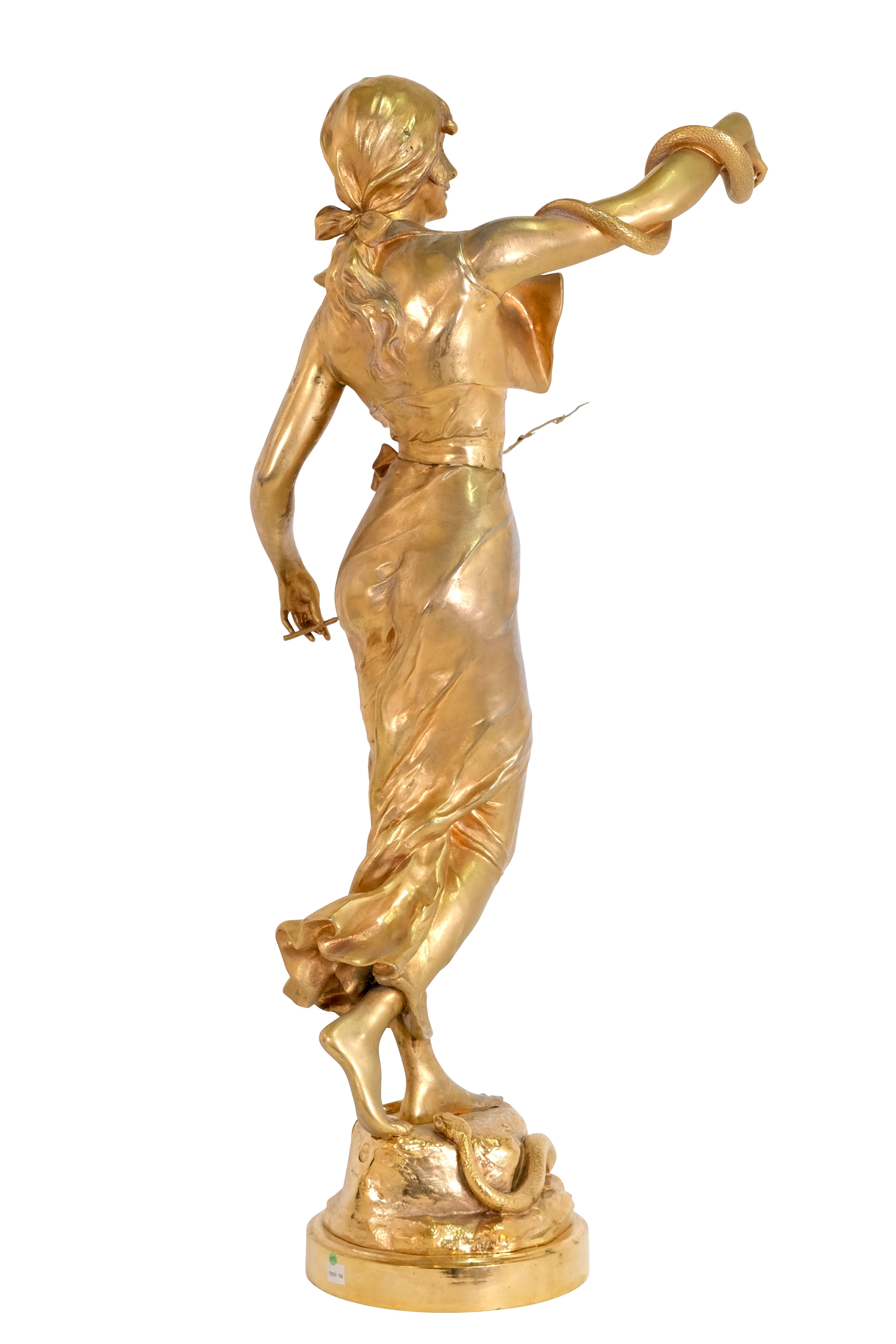 1900's Snake Charming Lady French Art Nouveau Fire-Gilt Bronze by a. Lefebvre In Good Condition For Sale In Ulm, DE