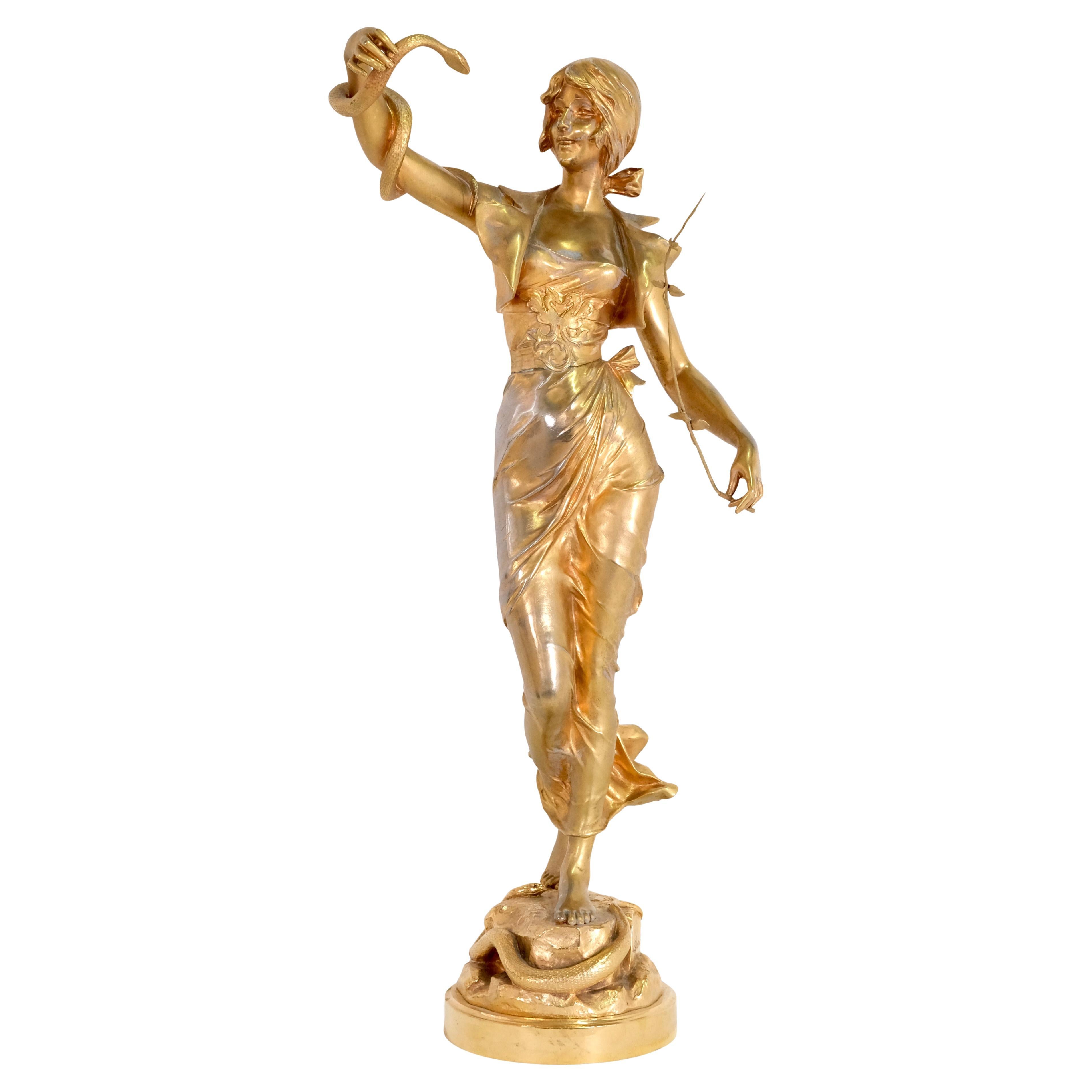 1900er Jahre Schlangen Charmante Dame Französisch Art Nouveau Feuer vergoldete Bronze von a. Lefebvre