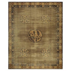 1900s Solid Brown Field Dragon Medallion Antique Chinese Handknotted Wool Rug