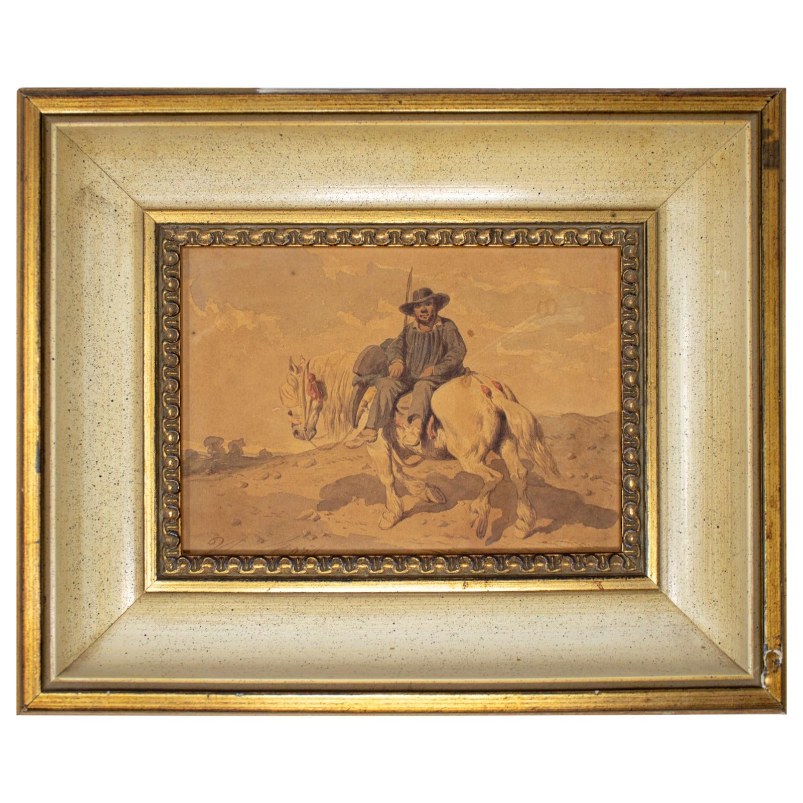 1900s Spaniard on a Horse Watercolor Painting For Sale