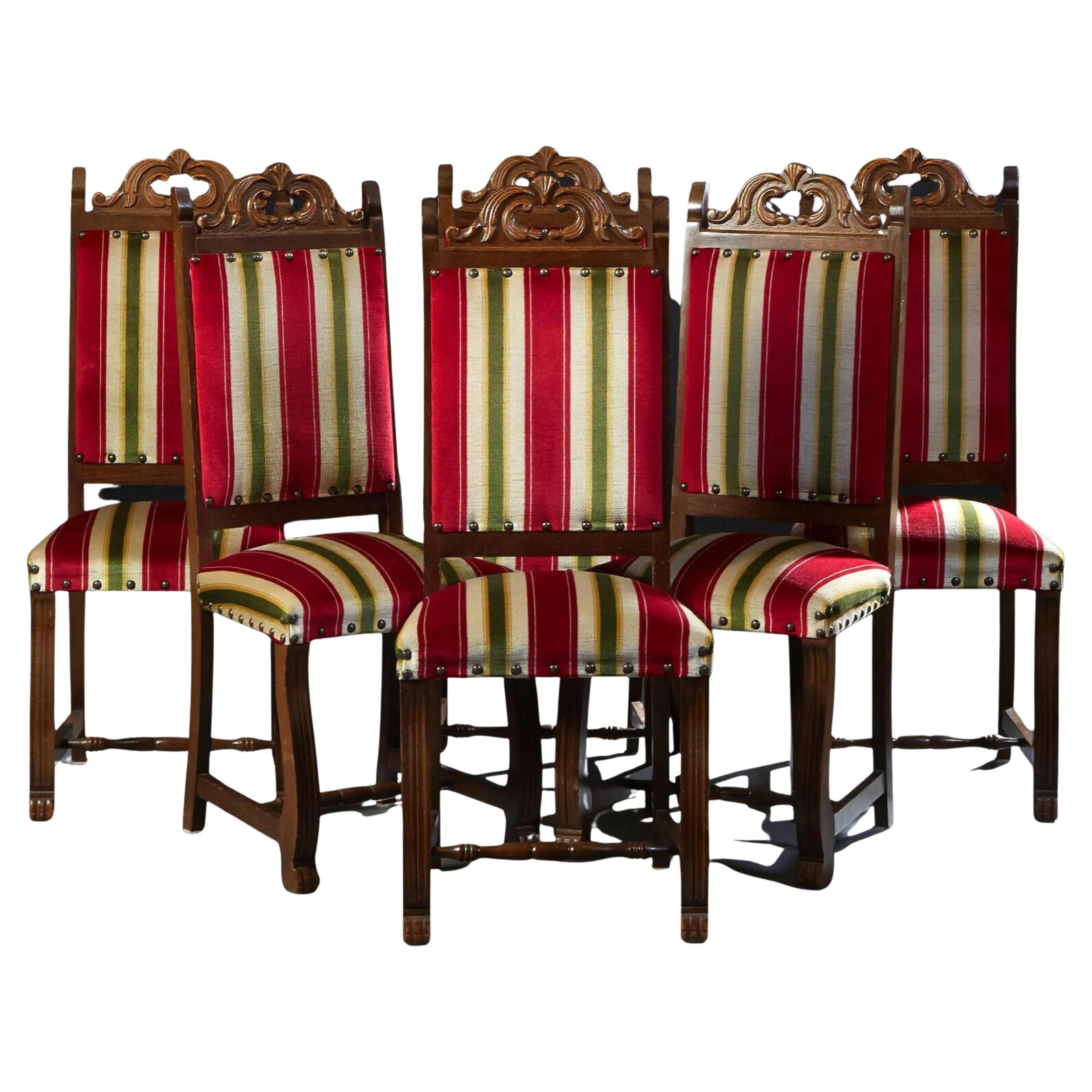 1900's Spanish Renaissance Style, Carved Oak, Vintage Dining Chairs, Set of Six