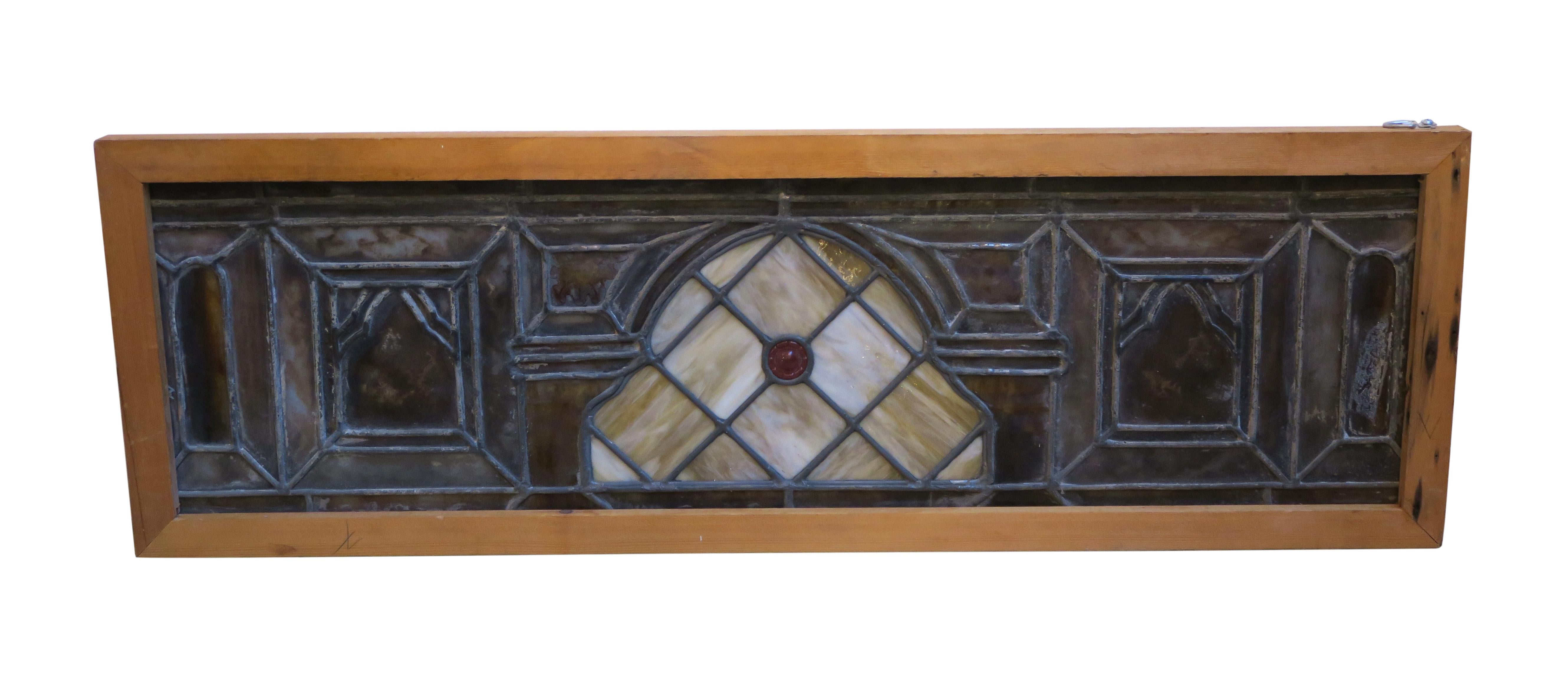 Early 20th Century 1900s Stained Glass Window with Red Jewel in New Wood Frame