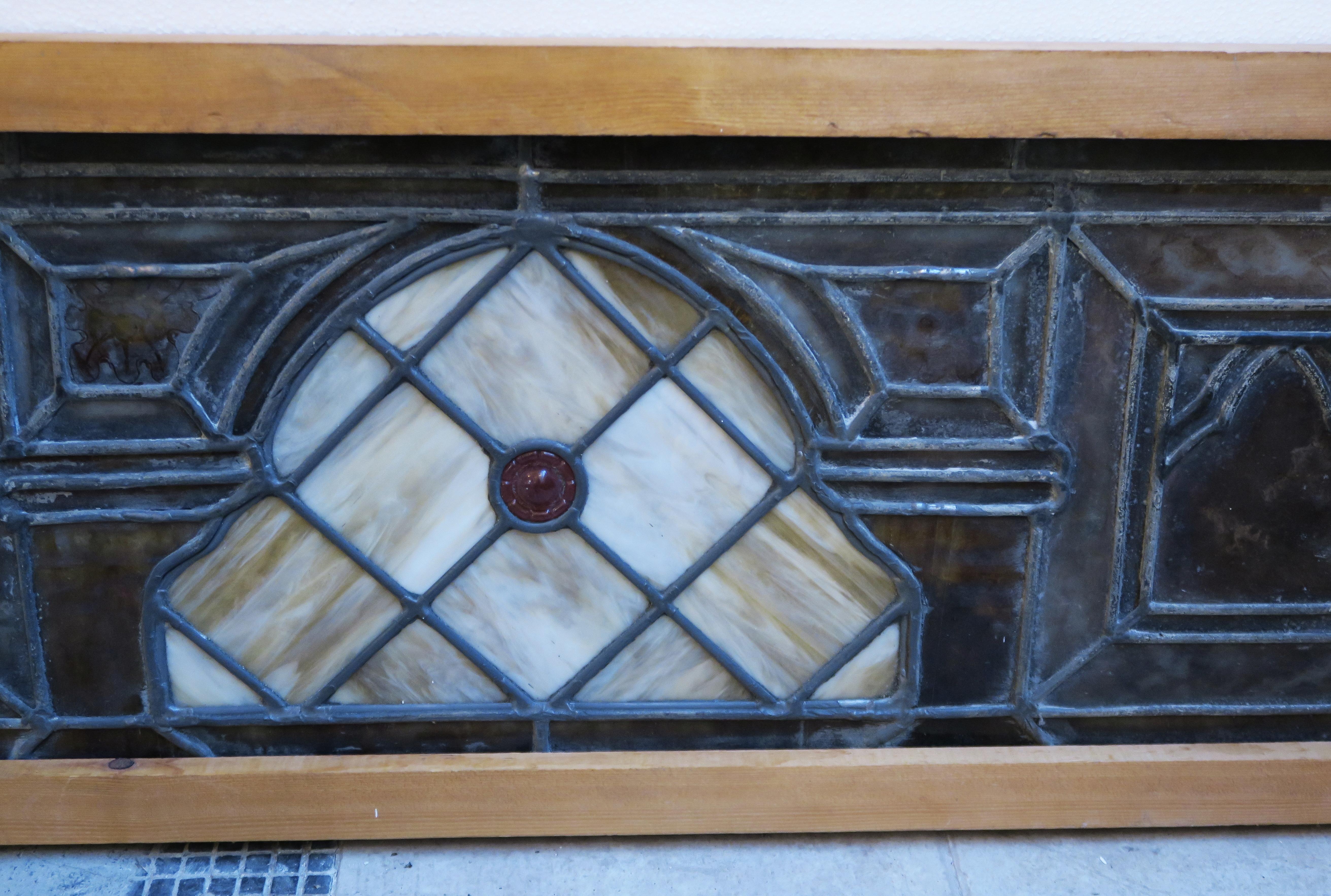1900s Stained Glass Window with Red Jewel in New Wood Frame 2