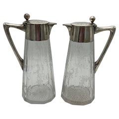 Antique 1900’s Sterling Silver and Crystal Pair of Wine Pitchers 