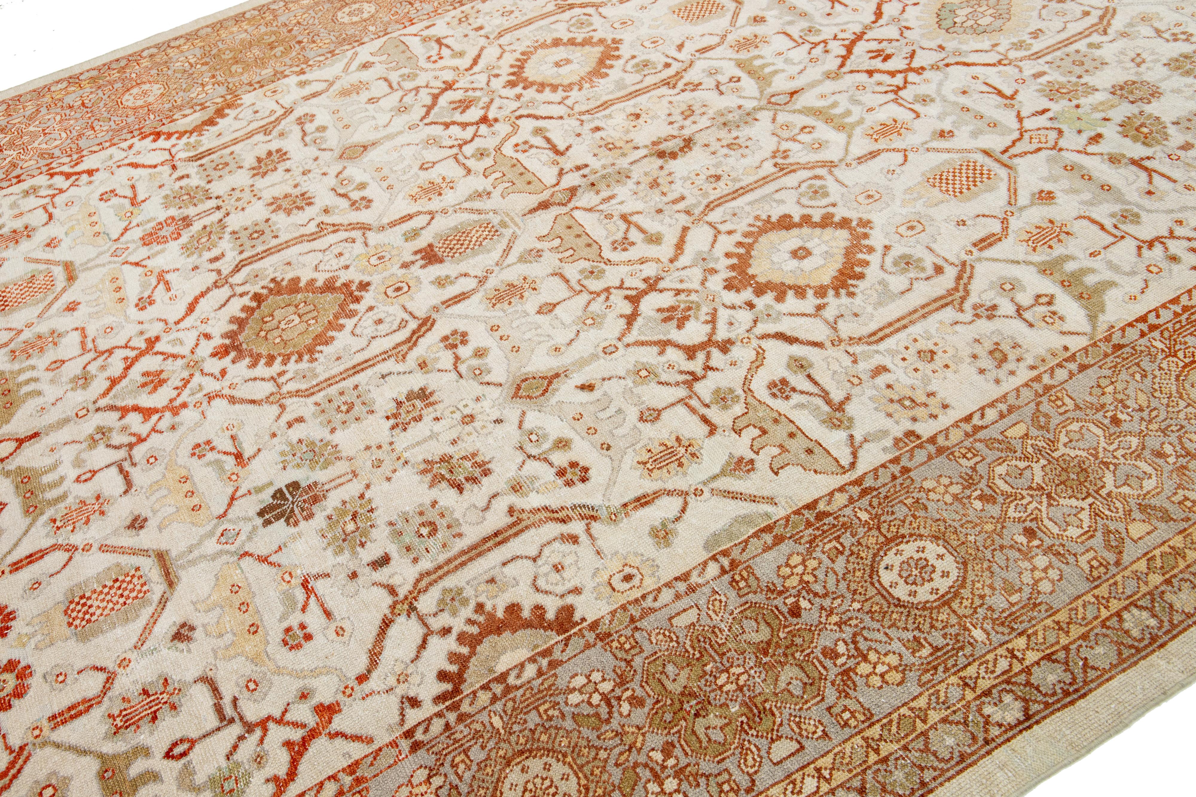 Islamic 1900s Sultanabad Persian Gallery Wool Rug In Beige and Orange With Floral Motif For Sale