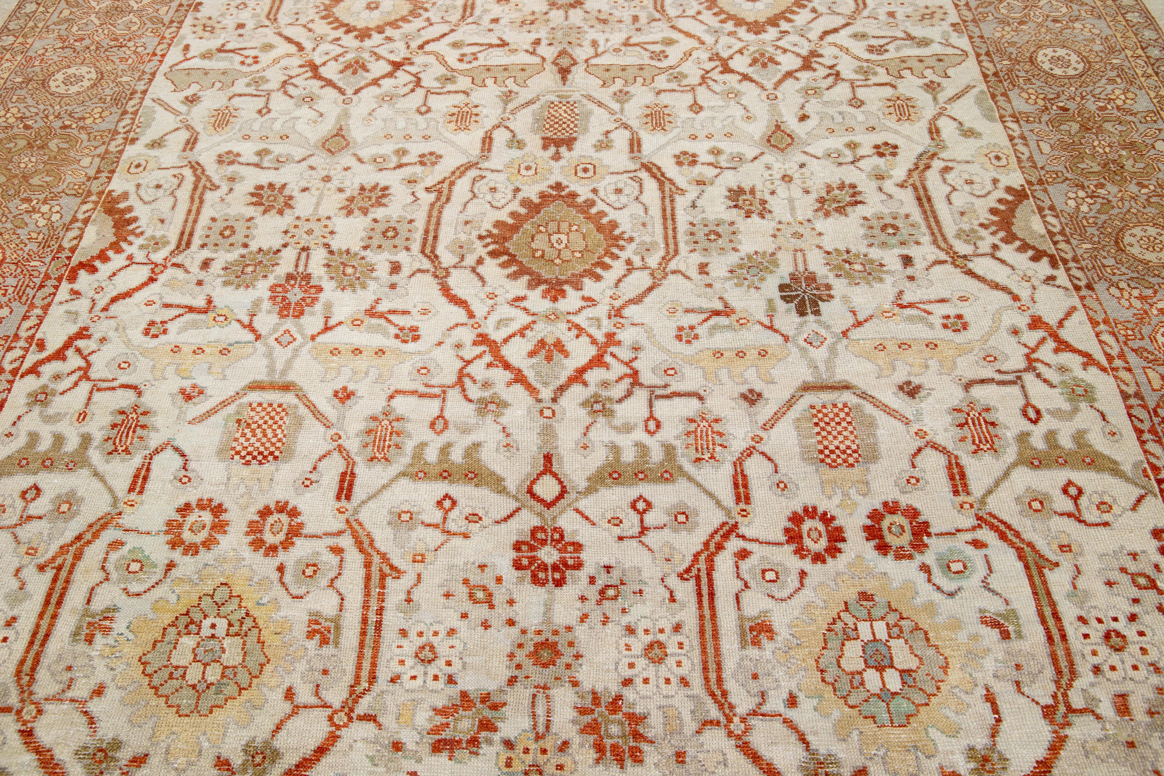 20th Century 1900s Sultanabad Persian Gallery Wool Rug In Beige and Orange With Floral Motif For Sale