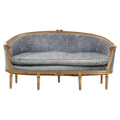 Antique 1900s Swedish Two-Seater Gustavian Style Gilt Velvet Sofa with Carved Decoration