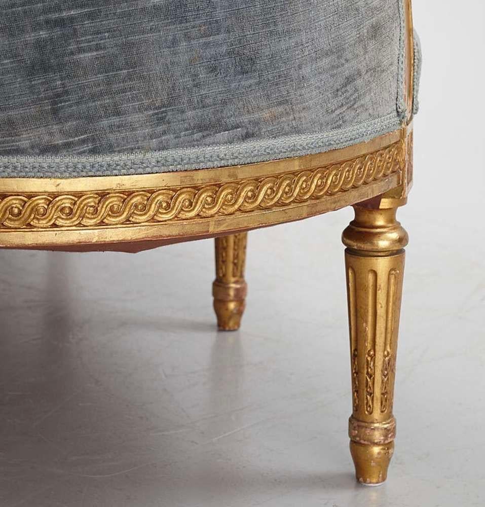 1900s Swedish two seater Gustavian style velvet sofa with carved decoration 1
