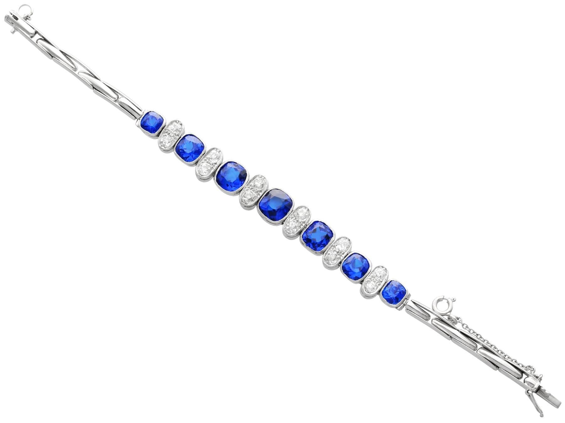 1900s Synthetic Blue Spinel and 2.04 Carat Diamond White Gold Bracelet For Sale 1