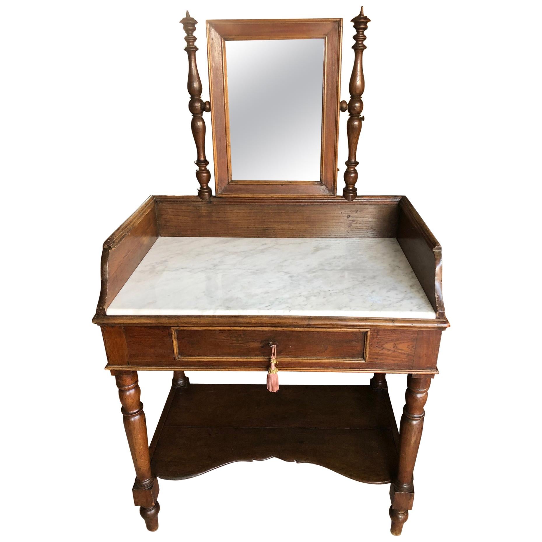 Table de toilette italienne d'origine des années 1900 en noyer, châtaignier et marbre de Carrare